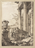 K I 090
<br/>
Figuren temidden van Romeinse ruïnes bij reliëf
<br/>
<em>Pannini, Giovanni Paolo (1691/92-1765)</em>